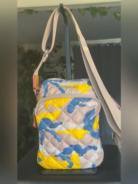 MZ Wallace Metro Crossbody Bag Spring Camo Quilted Nylon Yellow Blue Phone Pouch
